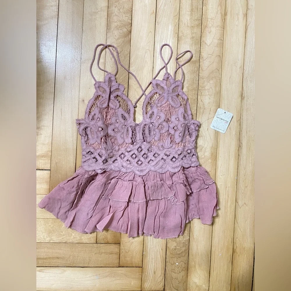 New Free People Adella mauve Barbie pink Lace Smocked Blend Ruffle Layered Cami